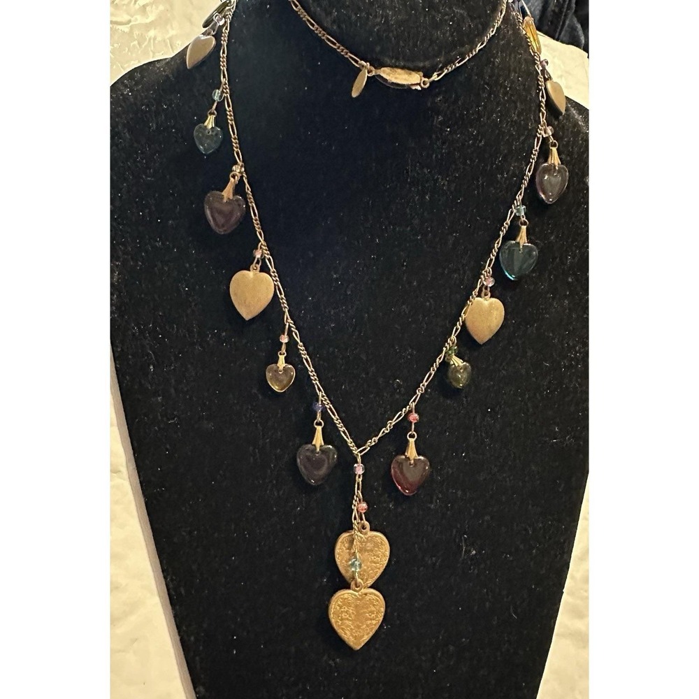 Vintage Glass Works Studio Glass & Brass Heart Charms Multi Color Necklace